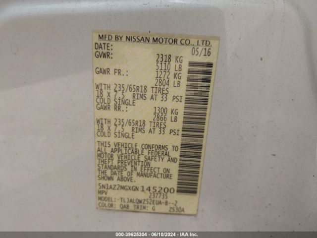 5N1AZ2MGXGN145200 Nissan MURANO SV