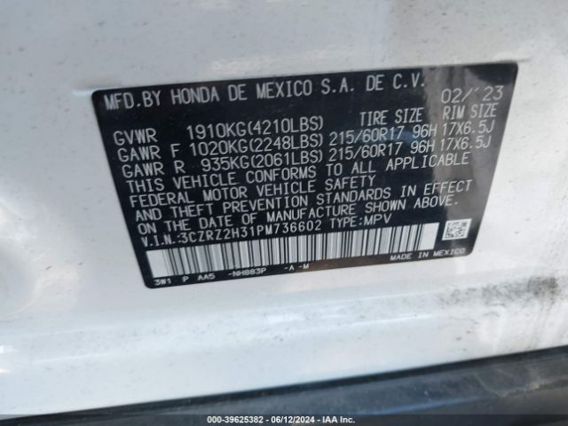 3CZRZ2H31PM736602 Honda Hr-v Awd Lx