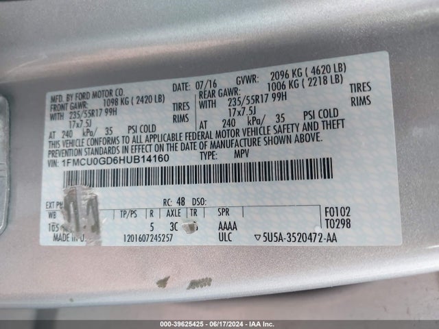 Ford ESCAPE SE 2017 1FMCU0GD6HUB14160 Image 9