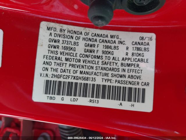 2HGFC2F7XGH568135 Honda CIVIC EX