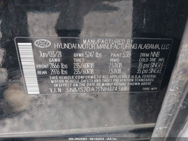 5NMS2DAJ5NH374368 Hyundai Santa Fe Sel