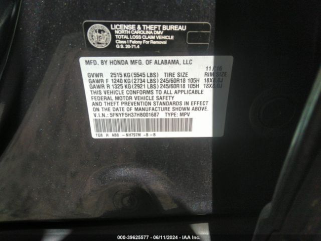 5FNYF5H37HB001687 Honda Pilot Ex
