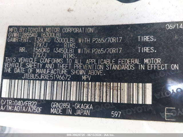 Toyota 4RUNNER SR5 2014 JTEBU5JRXE5196672 Image 9