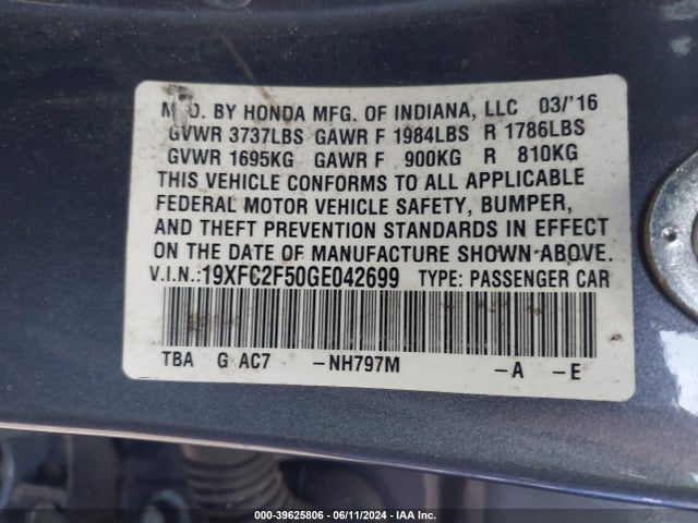 Honda Civic Lx 2016 19XFC2F50GE042699 Image 9
