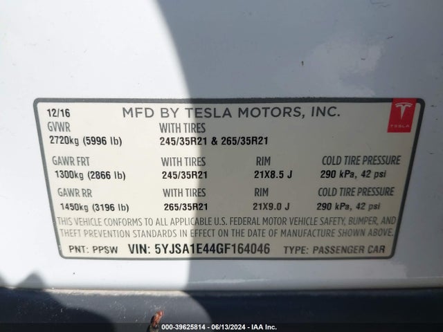 Tesla Model S 90d/p100d/p85d/p90d 2016 5YJSA1E44GF164046 Image 9