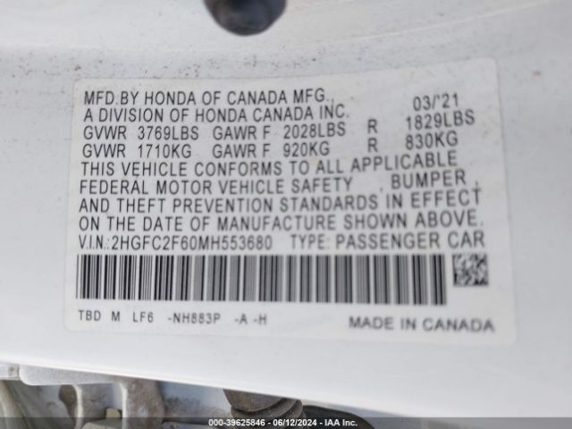 2HGFC2F60MH553680 Honda Civic Lx