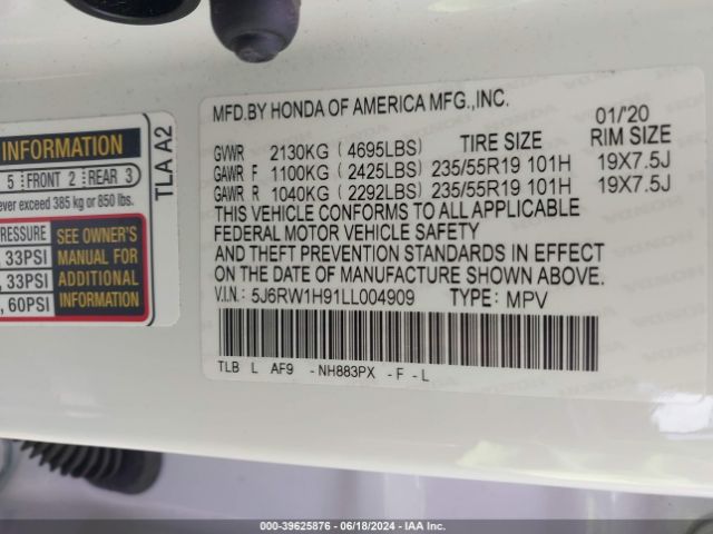 5J6RW1H91LL004909 Honda Cr-v 2wd Touring
