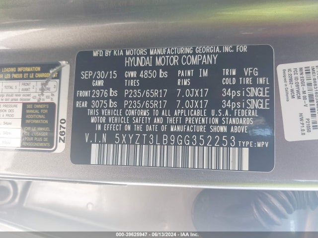 5XYZT3LB9GG352253 Hyundai Santa Fe Sport 2.4l