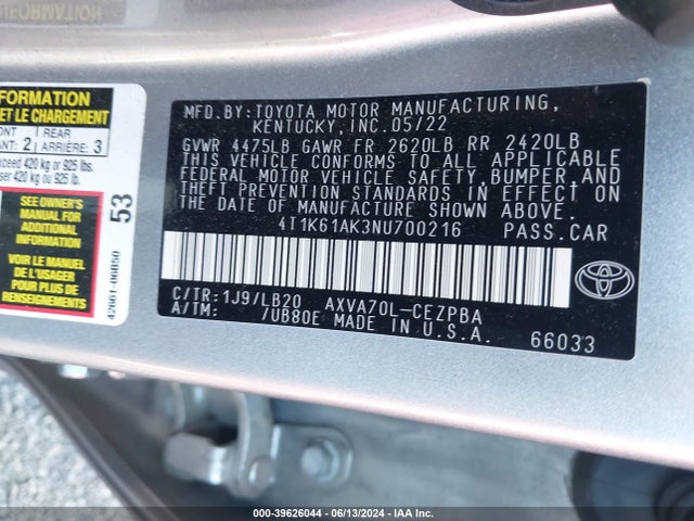 Toyota CAMRY XSE 2022 4T1K61AK3NU700216 Image 9