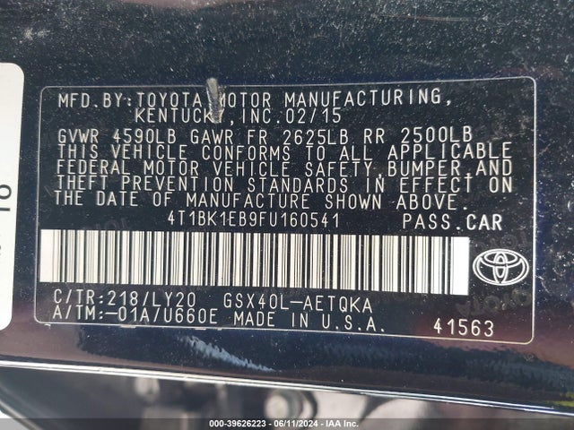 39626223 :رقم المزاد ، 4T1BK1EB9FU160541 vin ، 2015 Toyota Avalon Xle Touring Se مزاد بيع