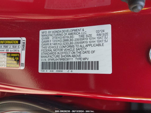 Honda Odyssey Sport 2024 5FNRL6H78RB038111 Image 9
