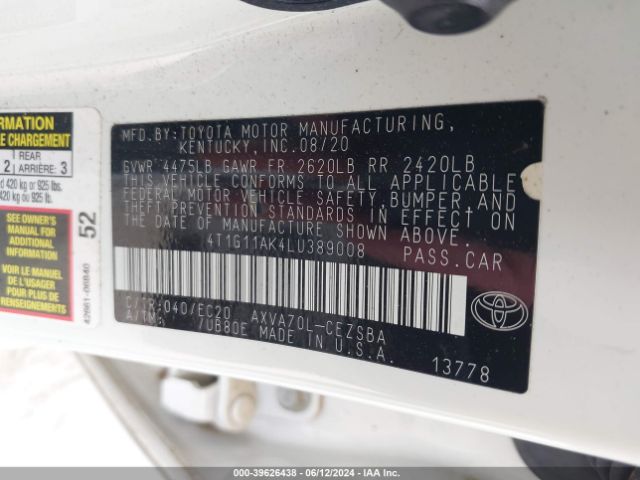4T1G11AK4LU389008 Toyota Camry Se Nightshade Edition