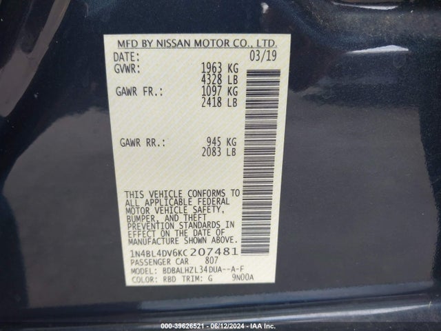 Nissan Altima 2.5 Sv 2019 1N4BL4DV6KC207481 Image 9