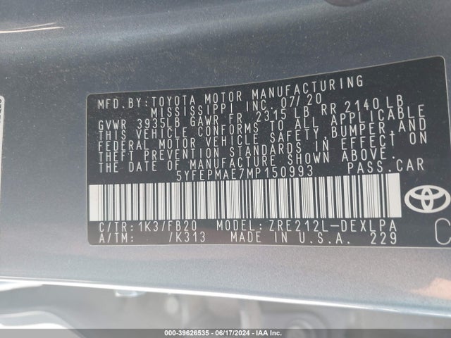 Toyota COROLLA LE 2021 5YFEPMAE7MP150993 Image 9