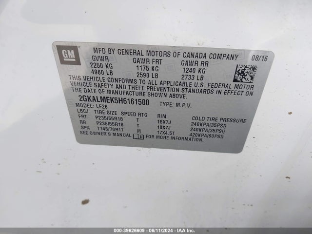 GMC Terrain Sle-1 2017 2GKALMEK5H6161500 Image 9