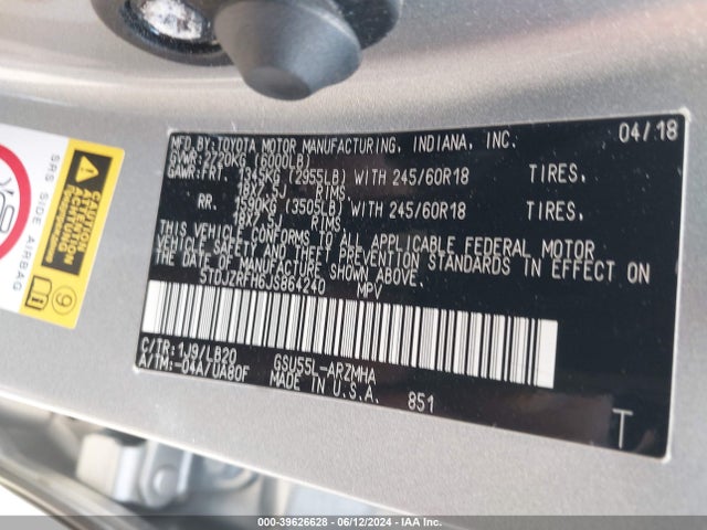 Toyota Highlander Xle 2018 5TDJZRFH6JS864240 Image 9