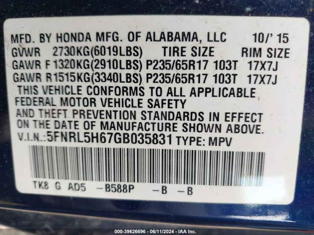 Honda Odyssey Ex-l 2016 5FNRL5H67GB035831 Image 9