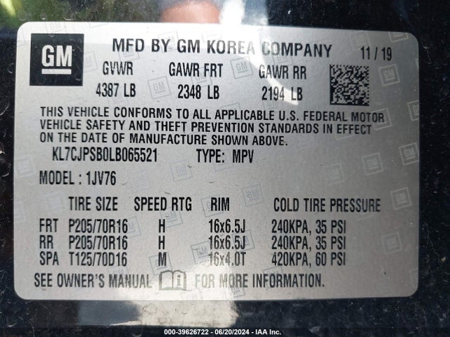 Chevrolet Trax Awd Lt 2020 KL7CJPSB0LB065521 Image 9