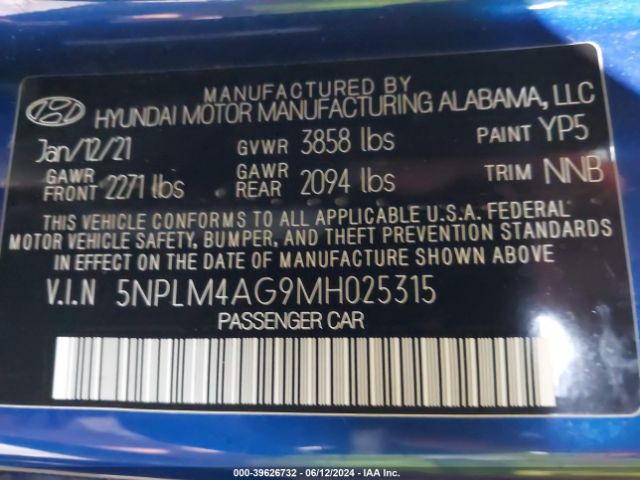 5NPLM4AG9MH025315 Hyundai ELANTRA SEL