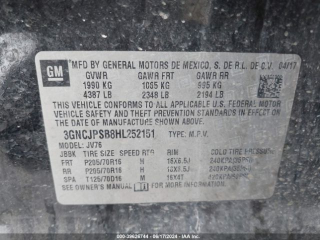 3GNCJPSB8HL252151 Chevrolet Trax Lt