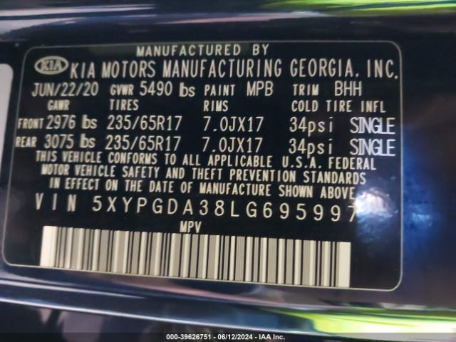 5XYPGDA38LG695997 KIA Sorento 2.4l Lx