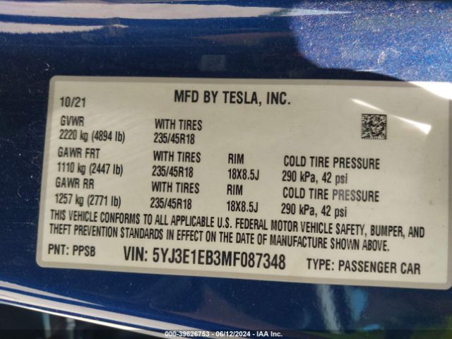 5YJ3E1EB3MF087348 Tesla Model 3 Long Range Dual Motor All-wheel Drive