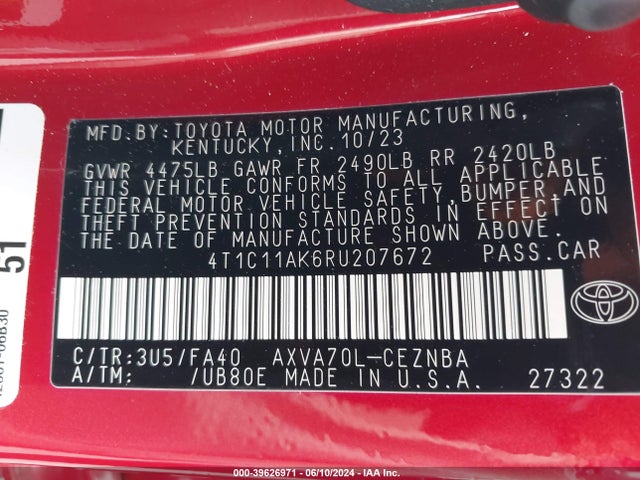 Toyota CAMRY LE 2024 4T1C11AK6RU207672 Image 9