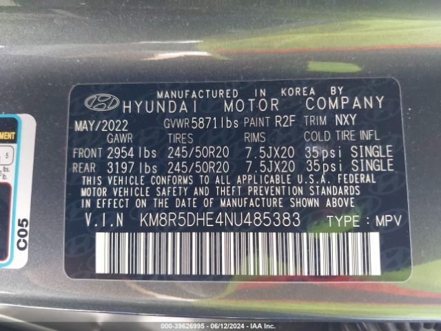 KM8R5DHE4NU485383 Hyundai Palisade Limited