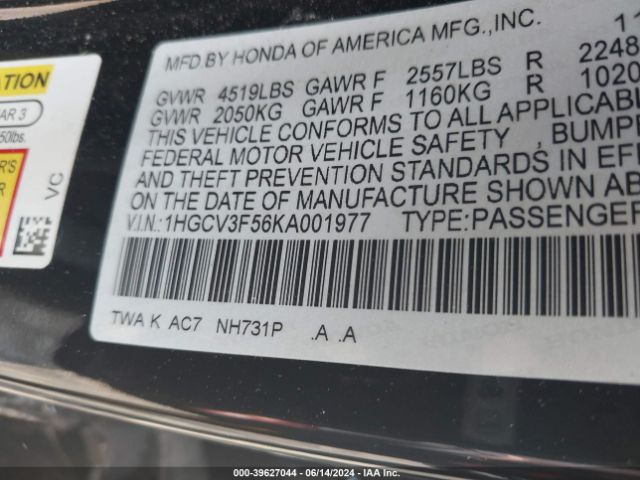 1HGCV3F56KA001977 Honda Accord Hybrid Ex-l