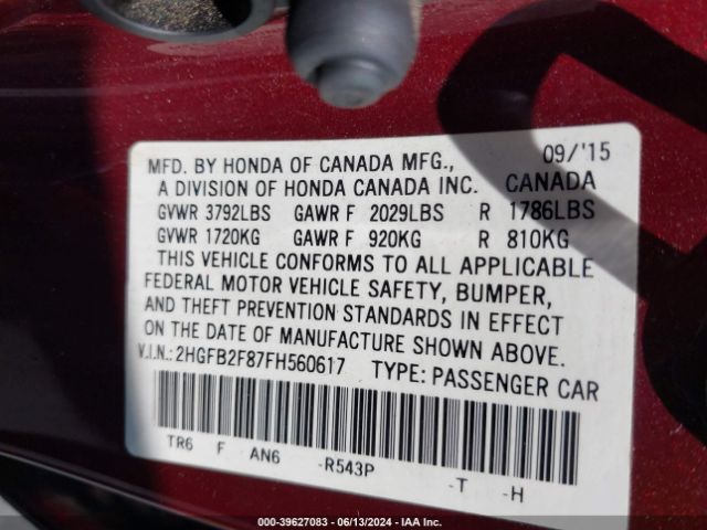 2HGFB2F87FH560617 Honda CIVIC EX
