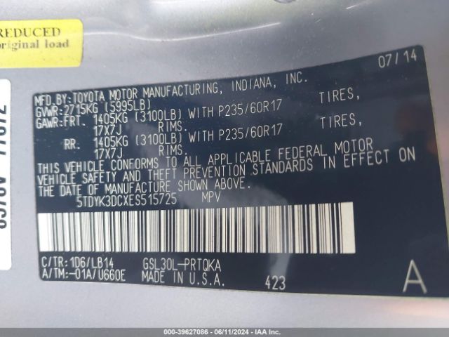 5TDYK3DCXES515725 Toyota Sienna Xle V6 8 Passenger