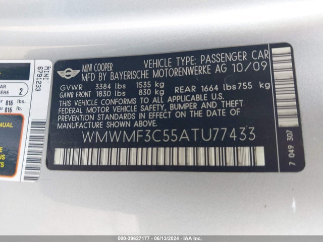 2010 MINI COOPER WMWMF3C55ATU77433 Photo 8