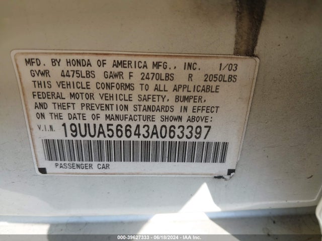 Продаж на аукціоні авто 2003 Acura Tl 3.2, vin: 19UUA56643A063397, номер лоту: 39627333