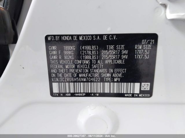 3CZRU6H56NM704622 Honda Hr-v Awd Ex