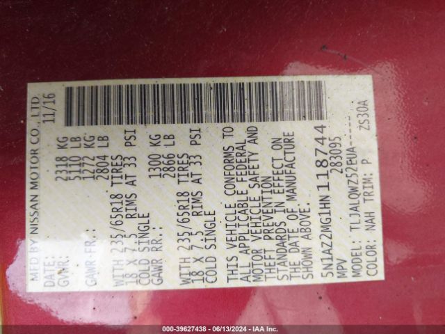5N1AZ2MG1HN118744 Nissan MURANO SV