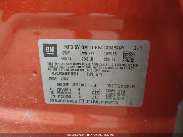 KL7CJRSB9FB105918 Chevrolet Trax Lt
