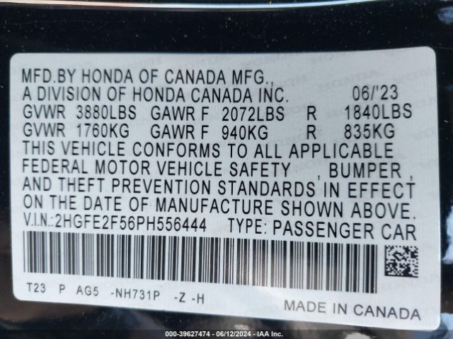 2HGFE2F56PH556444 Honda Civic Sport