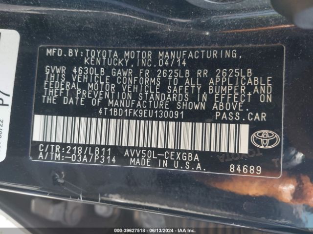 4T1BD1FK9EU130091 Toyota Camry Hybrid Xle