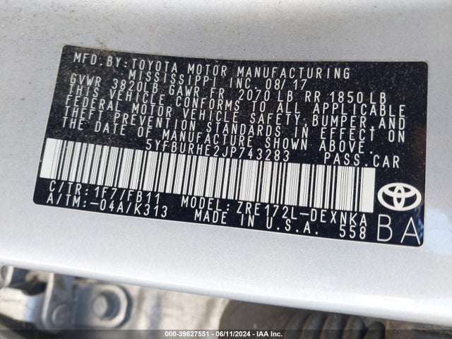 Toyota COROLLA LE 2018 5YFBURHE2JP743283 Image 9