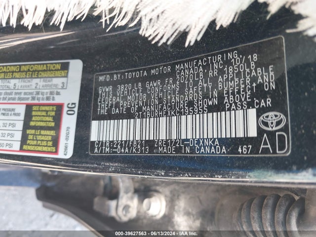 Toyota COROLLA LE 2019 2T1BURHEXKC195955 Image 9