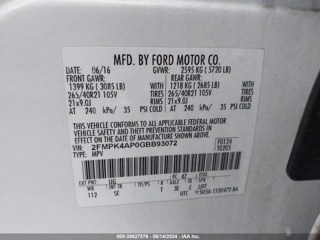 Ford EDGE SPORT 2016 2FMPK4AP0GBB93072 Image 9
