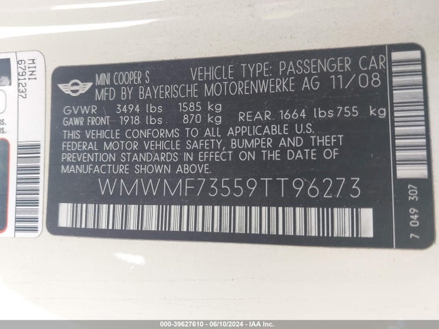 2009 MINI COOPER S WMWMF73559TT96273 Photo 8