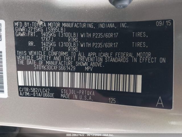 5TDYK3DCXFS661429 Toyota Sienna Xle 8 Passenger
