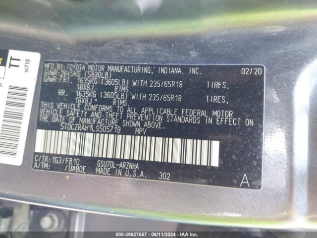 5TDCZRAH1LS505719 Toyota Highlander L