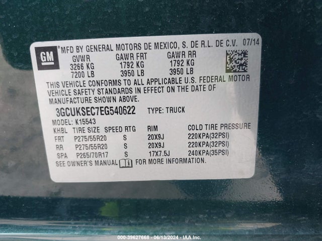 Chevrolet Silverado 1500 1lz 2014 3GCUKSEC7EG540622 Image 9