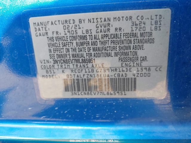 3N1CN8EV7ML865951 Nissan Versa Sv Xtronic Cvt