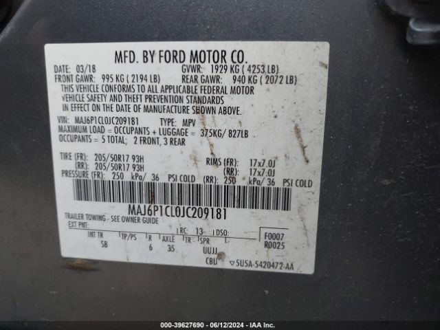 MAJ6P1CL0JC209181 Ford Ecosport Ses