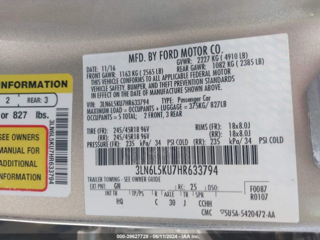 3LN6L5KU7HR633794 Lincoln Mkz Hybrid Premiere