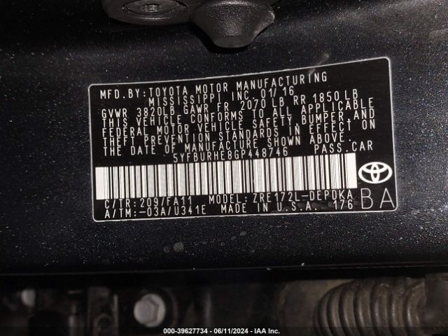 5YFBURHE8GP448746 Toyota COROLLA L