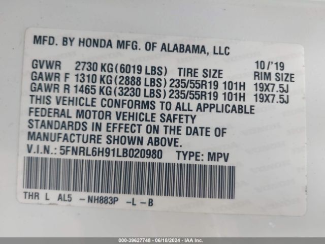 5FNRL6H91LB020980 Honda Odyssey Elite